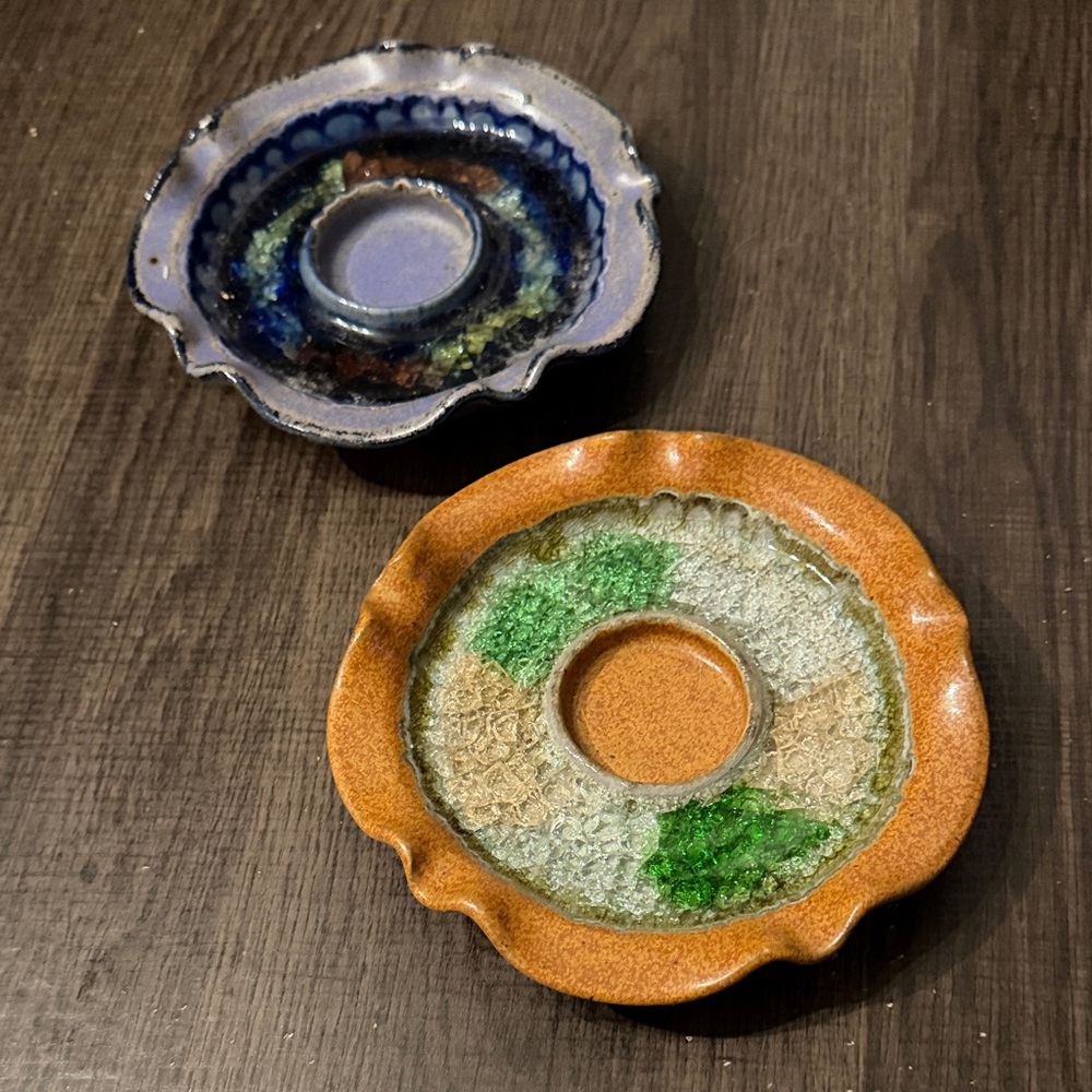 Tea light blue/purple and brown/green artistic jewelry dishes